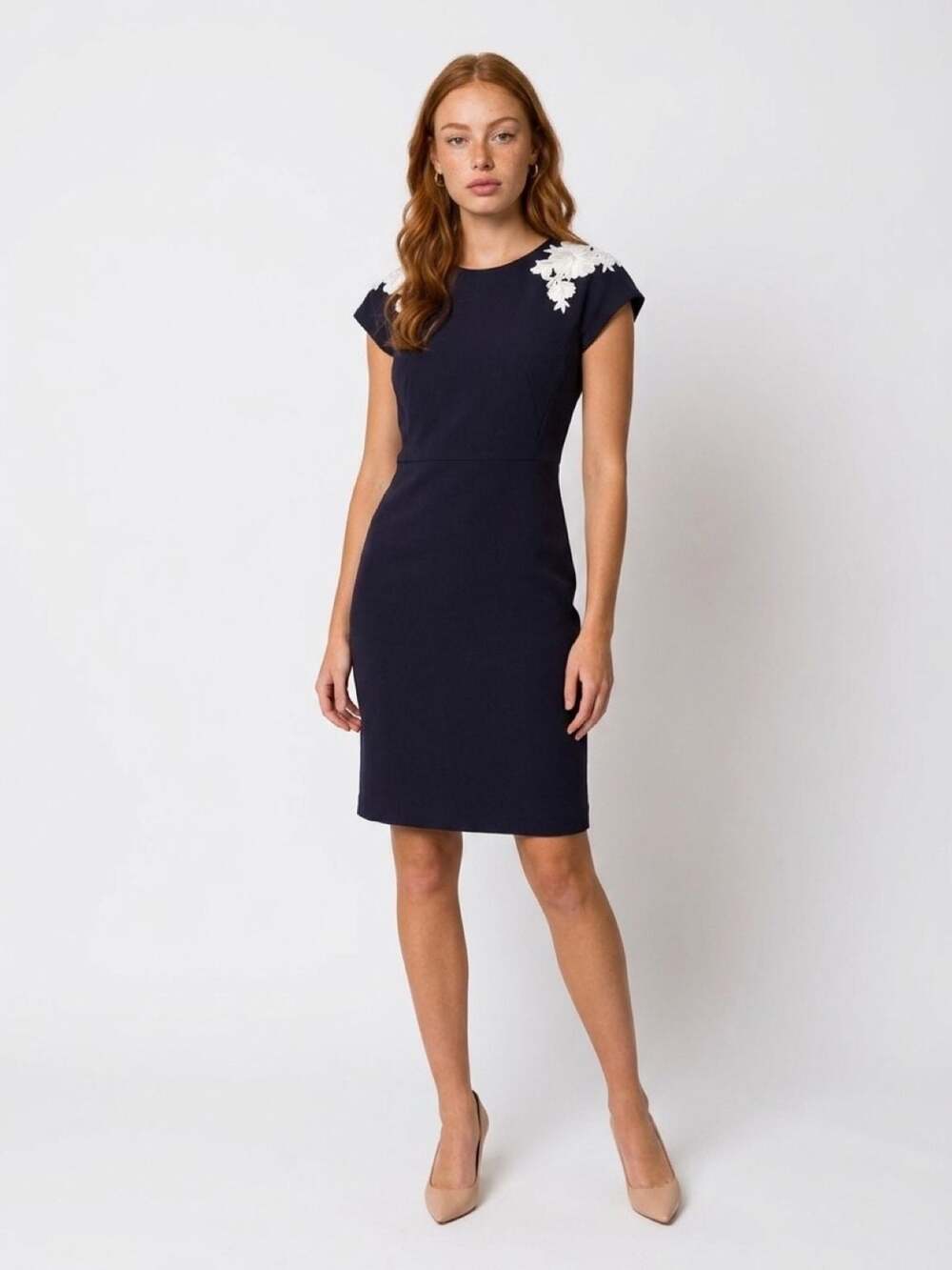 Ann Taylor Navy Blue Sheath Dress with Floral Applique Cap Sleeve